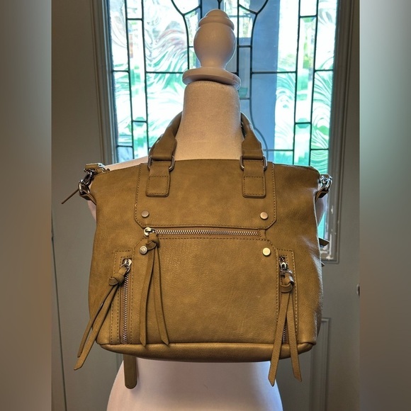 Handbags - Antik Kraft Shoulder Bag Removable Crossbody Strap Greenish/Tan Studs Zipper